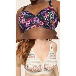 NWT Lot of 2 Cacique 40C No Wire Bliss Comfort Bras Fair Isle & Dark Floral
